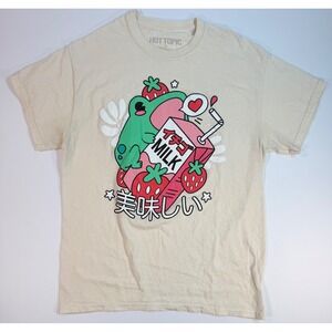 Hot Topic Kawaii Frog Strawberry Milk Graphic T-Shirt Cream Mens Medium